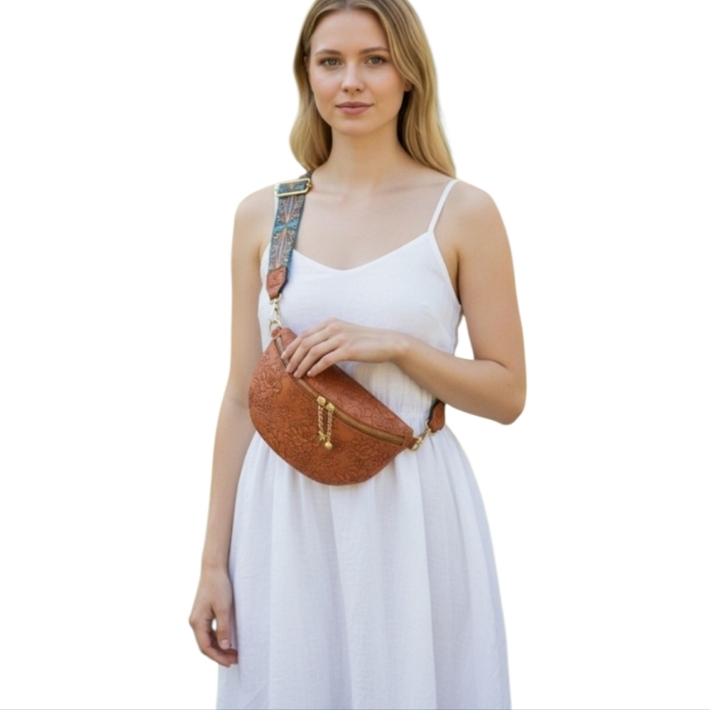 Boho Floral Embossed PU Leather Fanny Pack Waist‎ Crossbody Bag Shoulder Purse